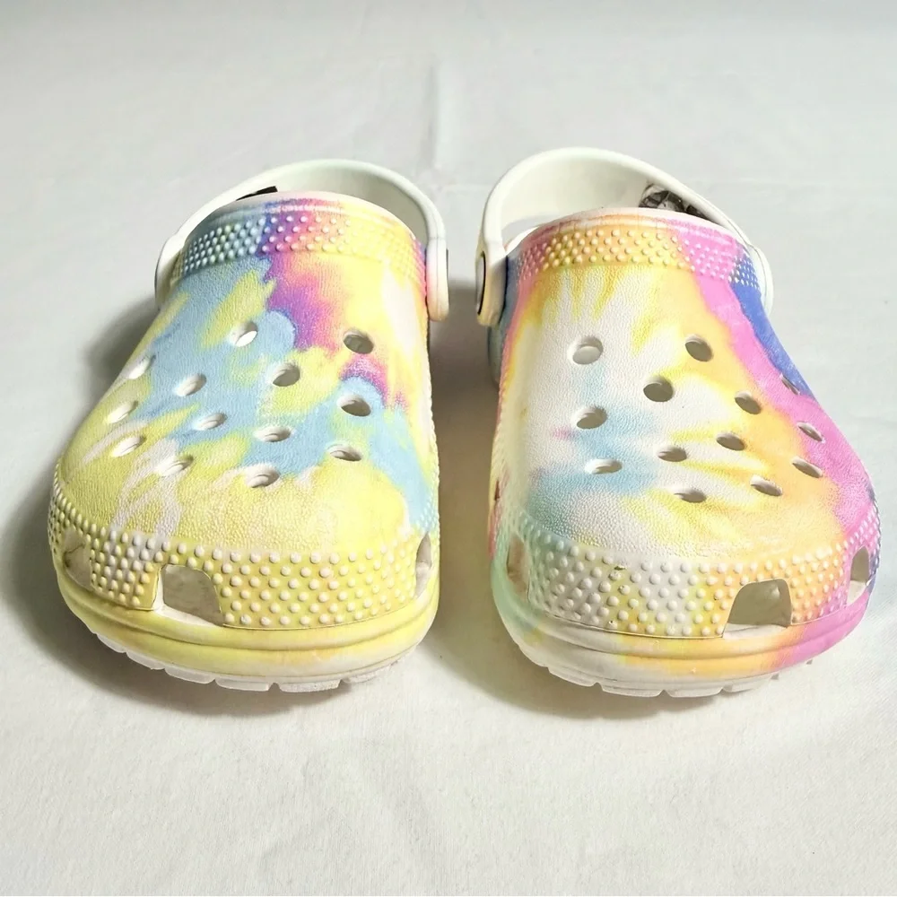 CROCS Kids Tie-Dye Clog in White with Yellow, Blue & Pink